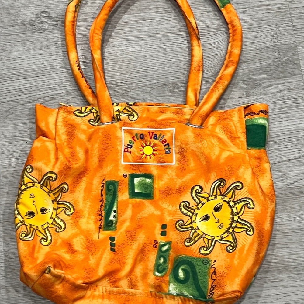 VINTAGE PUERTO VALLARTA TOURIST BEACH Orange Sun Tote Bag PURSE